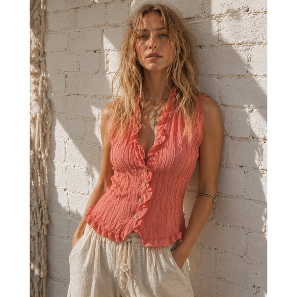 Top Coral Fitted Crinkle Sleeveless S · Jaipur — photo 1 of 1